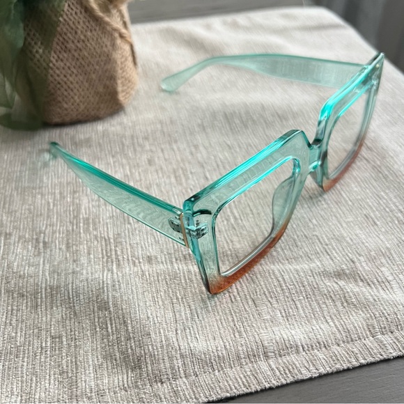 🏝️Turquoise & Brown Color Block Square Anti Blue Light Glasses w Cleaning Cloth - Picture 3 of 5